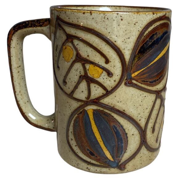 Vintage Stoneware Coffee Mugs Pair Hand Painted Leaf Design 1970s Retro Boho - Picture 4 of 6